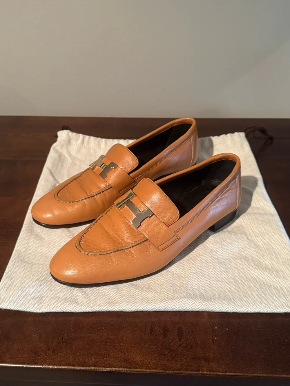 Authentic Hermes Paris Loafers Gold Tan Leather H Buckle Flats Size EU 36.5 US 6